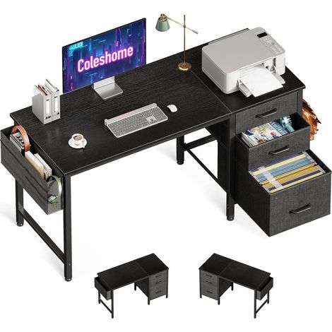Schreibtisch mit 3 Stoffschubladen und Kopfhörerhalter, Schwarz 120x48cm (1/5)