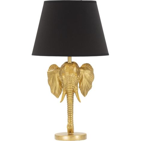 Lampada da tavolo Elefante in resina dorata con paralume in tessuto nero
