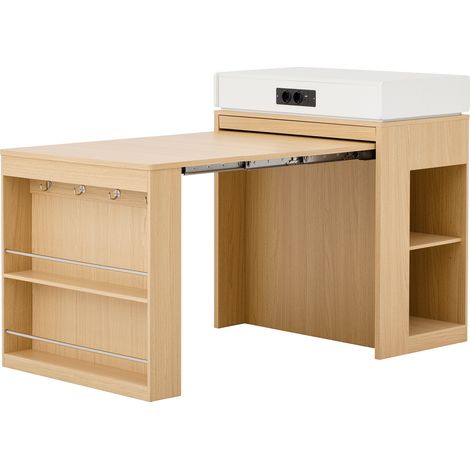 Isla de cocina con ruedas extensible con enchufe, ganchos y almacenamiento, natural (1/5)