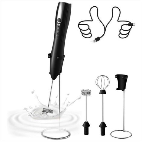 1 Mousseur à lait, 3 vitesses, rechargeable USB-C, 2 têtes interchangeables, support acier inoxydable, pour café cuisine (1/5)