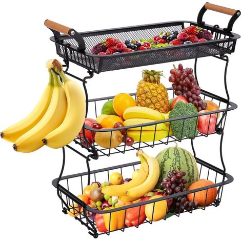 Trintion Obstkorb mit 3 Etagen & 2 Bananenhaltern - Großer Metall-Gemüsekorb für Küche, Theke & Speisekammer - Obstständer für Äpfel, Bananen, Zwiebeln & Snacks (1/5)