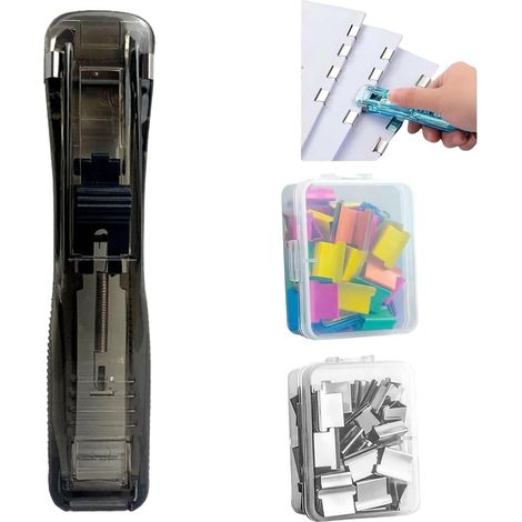 Grapadora portátil con 100 clips reutilizables, grapadora de mano con clips de encuadernación, kit de grapado recargable y dispensador de clips para oficina y escuela (negro) (1/5)