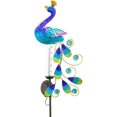 1 pièce Pluviomètre extérieur, éclairage solaire, décoration jardin paon, jauge de pluie étanche avec affichage couleur, pour pelouse et cour