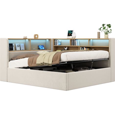 DESMIU Lit Banquette 2 Places avec Coffre, LED, USB et Type-C 140 × 200 cm, Sans Matelas, Velours Beige (1/5)