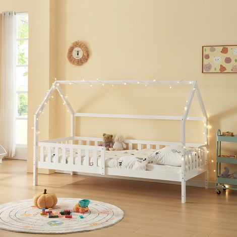 Hausbett mit Rausfallschutz Ydre 90x200 cm Weiß Kiefernholz [en.casa]