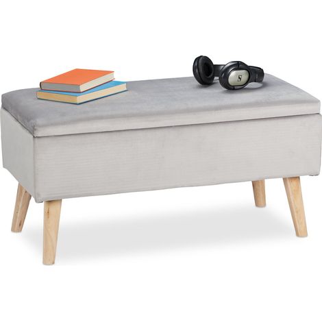 Relaxdays ottoman storage bench, velvet upholstery, 40 l capacity, padded, wooden legs, seating furniture, light grey
