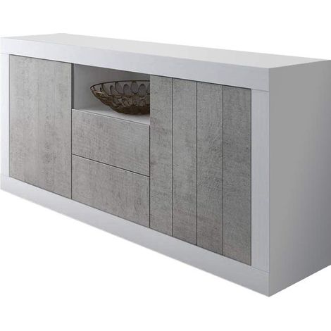 Credenza Moderna Madia Con 2 Ante 2 Cassetti Vano A Giorno Mobile Sala Da Pranzo Soggiorno Ingresso Corridoio Design Minimal Senza Maniglie 184 x 86 x 42 Cm Bianco E Grigio Cemento