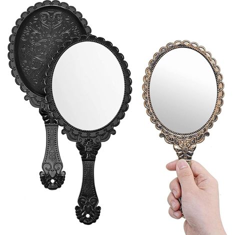 2 Retro-Schminkspiegel – 2er-Set – ABS und Glas – Ergonomischer Griff mit Blumenmuster – Ideal für Reisen und den Alltag – 25 x 11,5 cm, Schwarz und Bronze (1/5)
