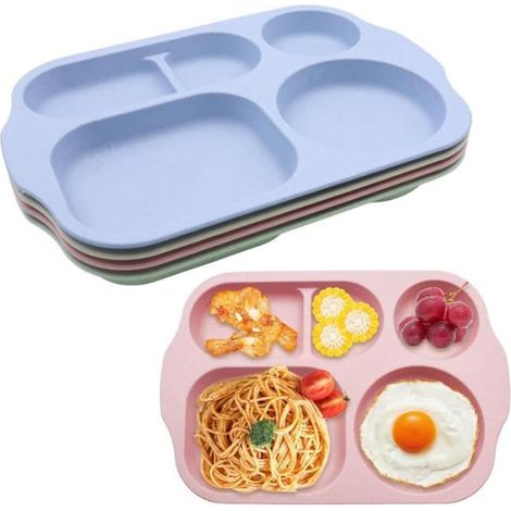 4 pièces assiette compartiment, antidérapante, plastique réutilisable, 30x20 cm, pour repas équilibré adultes (1/4)