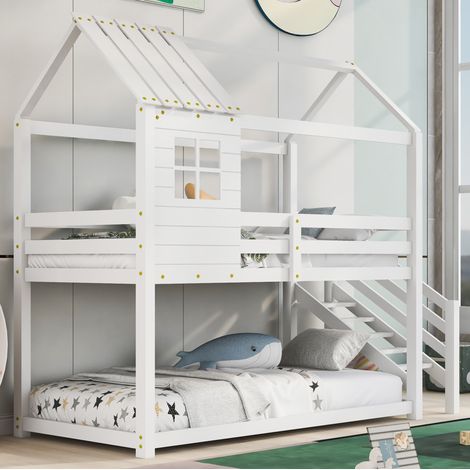 Kinder Etagenbett Hausbett mit Ecktreppe, Fenster, Schutzgitter, Kiefer und MDF, Weiß, 200x90 cm (1/2)