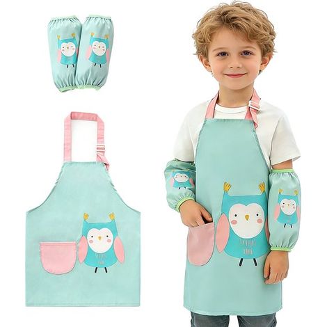 Set composto da grembiule e maniche regolabili e impermeabili per bambini. Grembiule da cucina con tasche per bambini e bambine, ideale per cucinare, preparare dolci, dipingere e fare giardinaggio. (1/5)