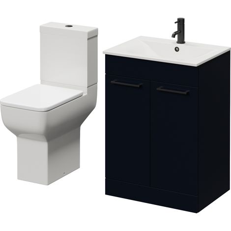 Napoli 460 Deep Blue 600mm 2 Door Vanity Unit and Tacoma Comfort Height Toilet Suite with Angel Basin - 600mm - Matt Black 160mm Handle