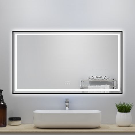OCEAN Miroir Salle de Bain led 140x80cm, Bluetooth,  Horloge, Anti-buée, 3 Couleurs, Dimmable, Mémoire, IP44, HD Verre Trempé, Cadre Non Métallique