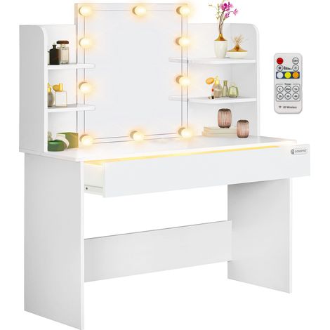 CASARIA® Schminktisch Lucia 140x110x40cm Spiegel Schublade LED Beleuchtung 3 Fächer Ablagen Schlafzimmer Frisiertisch Schminkkommode Make-up Holz Weiß 108x40x140cm weiß mit LED