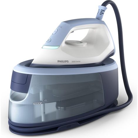 Philips Ferro da stiro con Generatore di Vapore Serie 3000, 2400W, 120g/min di Vapore Continuo, Colpo Vapore da 350g, 6 Bar, Vapore Verticale, Piastra in Ceramica, Azzurro Intenso (PSG3000/20) (1/5)