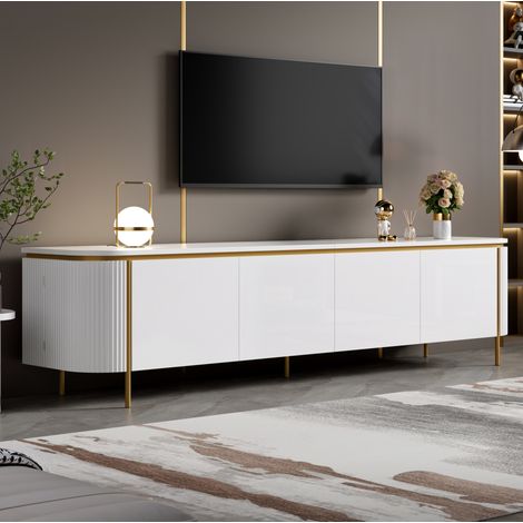 Mobile TV 180x38x46 cm, 6 ante senza maniglie, passacavi, MDF bianco, piedi in ferro (1/5)