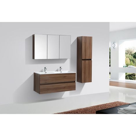 Stano. – Ensemble de meubles de salle de bain double vasque 120 cm – Meuble bas suspendu en noyer – Armoire de toilette avec miroir – Rails amortisseurs