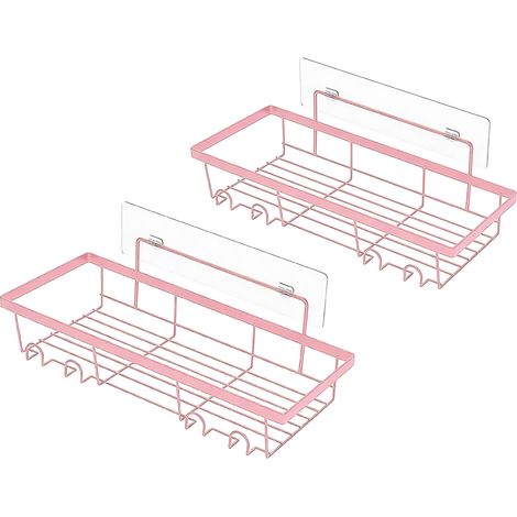 Caddie de douche, 2 pièces, panier, étagère murale adhésive, antirouille, organisateur de rangement de salle de bain rose. (1/5)
