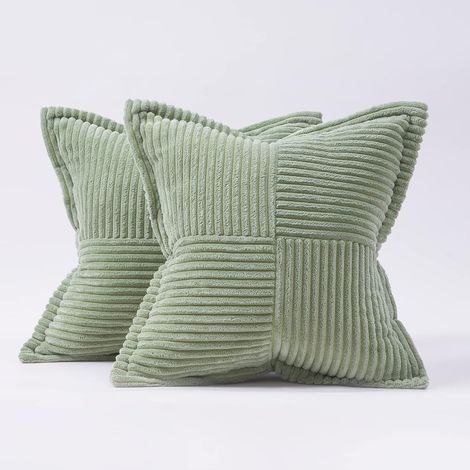 Housse Coussins avec Fermeture Eclair Invisible, Velours Côtelé Doux Coussin pour Décoration Salon Chambre Enfant, Lot de 2 Motif à Rayures Croisés, 45x45cm, Vert Clair (1/5)