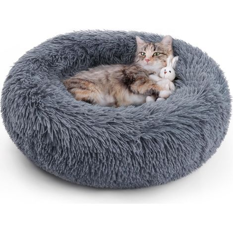 Katzen- und Hundebett für den Innenbereich, Dunkelgrau, 40 cm Außendurchmesser, maschinenwaschbar, weiches Plüsch, rund, flauschiges Bett, 1 Stück (1/5)
