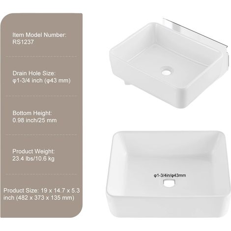 Vasque, céramique rectangulaire, drainage efficace, 19x14.7 in (1/2)