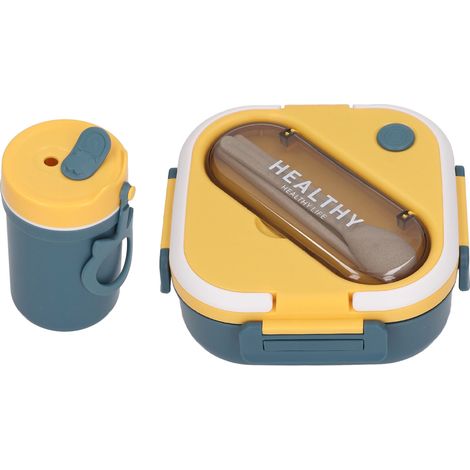 Boîte à lunch minimaliste, mignonne et portable, étanche, avec gobelet, baguettes et cuillère, idéale pour les étudiants (bleue). (1/5)
