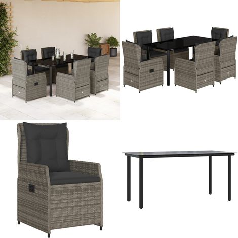 Set da Pranzo da Giardino 7 pz con Cuscini in Polyrattan Grigio - Sedie da giardino reclinabili - Tavolo da giardino