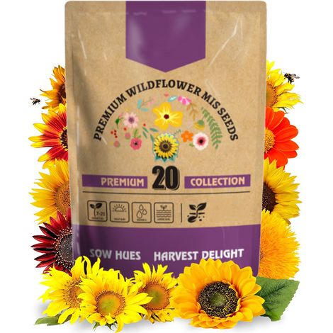 Mélange de graines de tournesol : 20 000 graines de 20 variétés différentes, destinées à la culture, adaptées au jardinage d'intérieur et d'extérieur (1/4)