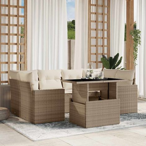 Salon de jardin 7 pièces en résine tressée beige avec coussins et table relevable, 67.4kg - PANGIVO (1/5)