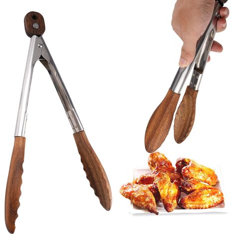 Pince a Barbecue en Noyer et Acier Inoxydable, 29 cm Pince de Cuisine Pointes en Bois Massif et Poignée Antidérapante, Pince Cuisine Bois pour la Cuisine, Pâtisserie, Barbecue, Fruits de Mer (1/5)