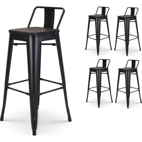 Kosmi – Lot de 4 tabourets de bar en métal noir mat – Dossier et assise en bois foncé – Hauteur 76 cm – Style industriel