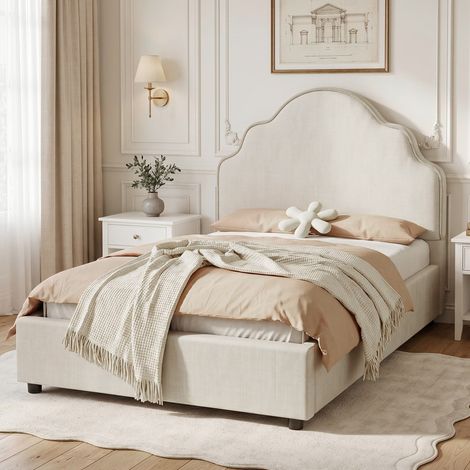 BATDTECH - Cama infantil 90x200 cm, Cama individual con cabecero acolchado de diseño ondulado y tapizado en lino beige, sin colchón (1/5)