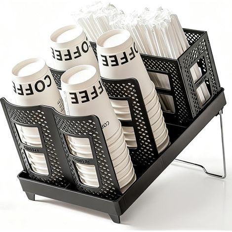1 dispenser per bicchieri, in plastica, a più livelli, con cestello per cannucce integrato, supporto pieghevole, per bar e ufficio (1/5)