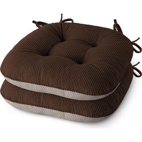 Lot de 2 coussins de chaise d'intérieur pour salle à manger antidérapants avec attaches - 42 x 40 x 8 cm - Café (1/5)