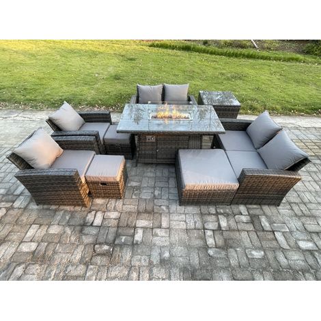 Fimous Gartenmöbel-Set im Freien 9 Stücke Polyrattan Möbel Gas Feuerstelle Esstisch Sofa Set mit 3 Hocker Beistelltische Dunkelgrau Gemischt (1/5)