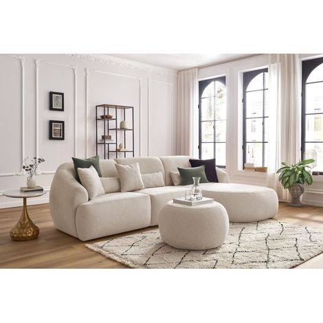 Bobochic – Canapé d'angle fixe 4 places avec pouf – Tissu chiné beige – Structure bois de pin et hêtre – Confort équilibré – Dimensions 284x171cm (1/5)