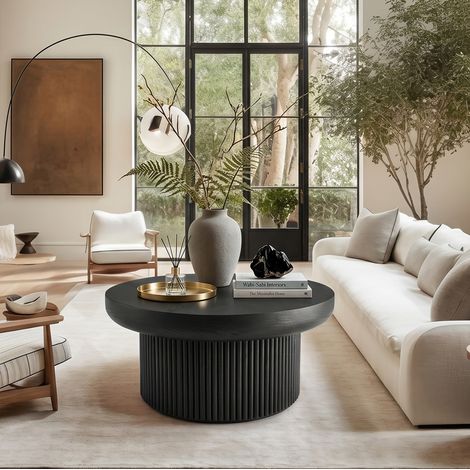 Runder Couchtisch 78 cm Schwarz mit Tischplatte in Parkettoptik und geriffeltem Standfuß (1/5)