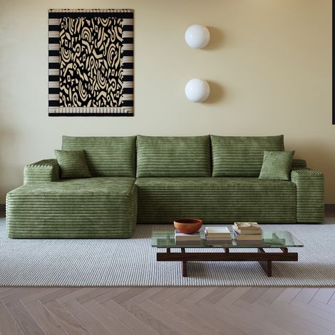 Canapé d’angle modulable 270 cm avec méridienne réversible, assise profonde, velours côtelé vert, structure en mousse compressée, sans montage (1/5)