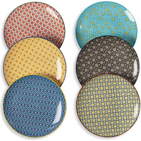 6 assiettes plates céramique, 25,3 cm, design multicolore vintage, résistantes aux rayures, idéales pour repas familiaux et dîners élégants (1/5)