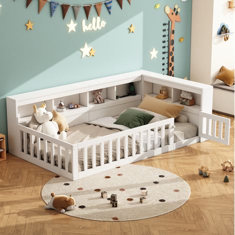 Lit enfant 90x200 avec rangement, prises USB, blanc DESVIAE (1/5)