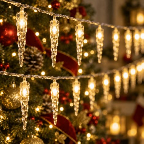 Jiubiaz Guirlande lumineuse stalactite 80 LED, longueur totale 15 m, 8 modes lumineux, 31 V, blanc chaud, déco de fenêtre pour Noël (1/5)