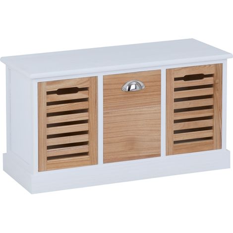 Idimex – Banc de rangement Trient blanc/naturel – 3 caisses en bois de paulownia – Dimensions 41 x 73 x 32 cm – Meuble vintage pour entrée