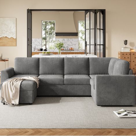 Ecksofa Cord Grau 282x153x85 cm mit Schlaffunktion und Stauraumhocker (1/5)
