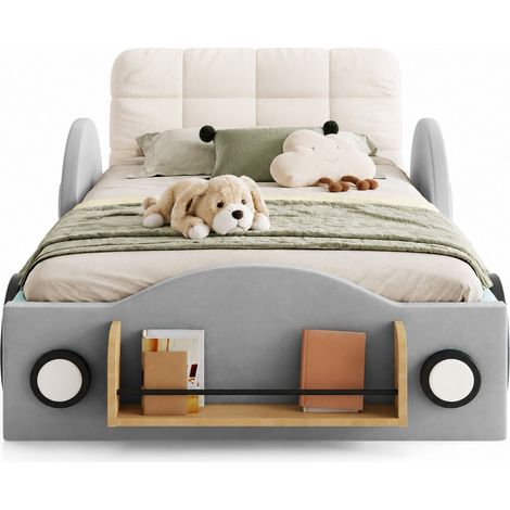 Lit Coffre Enfant 90 x 200 cm en Velours avec Rangement Hydraulique, Poches et Étagère, Gris, Sans Matelas (1/5)