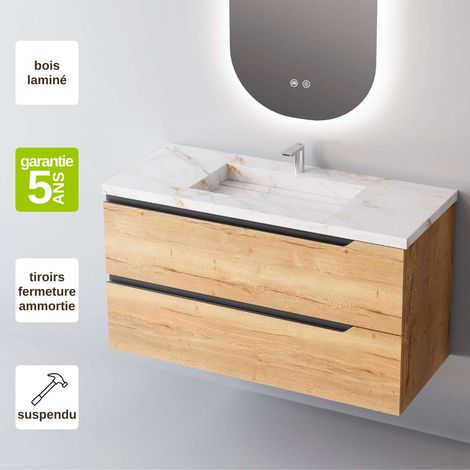 Meuble de salle de bain plan vasque Grès Cérame Blanc Storm, 2 Tiroirs,l60xh54xp45, Chêne Clair, DUO (1/3)
