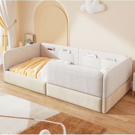 Lit simple 90x200 cm avec barrière de protection et poches de rangement, en velours, blanc, sans matelas (1/5)