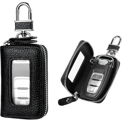 Étui pour clé de voiture en cuir de vachette véritable, étui universel pour clé de voiture avec toit ouvrant, noir (1/5)