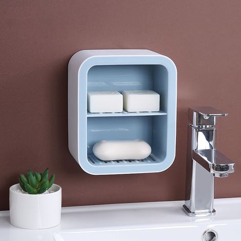 Distributeur mural de savon bleu nordique 2 niveaux, sans perceuse, à ventouse, pour douche ou toilettes, rangement étudiant en dortoir, lot de 1. (1/5)