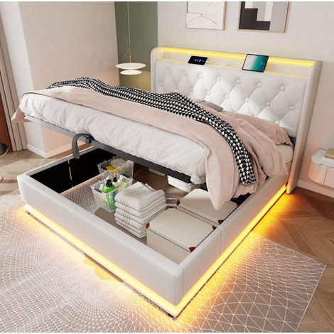 Letto matrimoniale imbottito con contenitore 160x200 cm, PU bianco, LED 360°, testiera trapuntata con USB e Type-C (1/5)