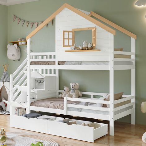 Litera 90×200 cm, Cama Individual con Escalera con Almacenaje, Ventana y 4 Cajones, sin Colchón, Madera Maciza y MDF, Blanco y Natural (1/5)